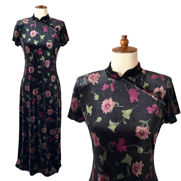 VTG Velvet Asian Inspired Women's 6 Blk Floral Maxi Dress Caren Desiree Co. Y2K - Picture 1 of 11